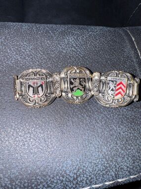 Vintage Silver-Tone European Crest Link Bracelet - Black, Red, Green